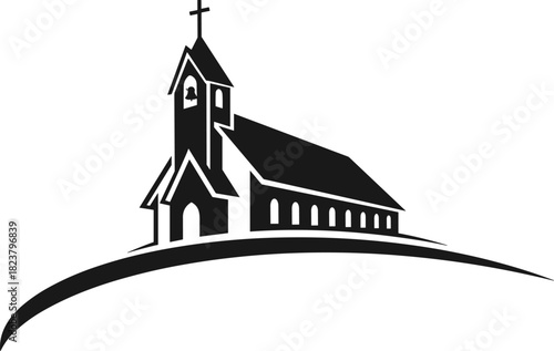 Traditional Church Building Silhouette Vector Icon on a Winding Hill, Symbolizing Faith, Worship, Religion, and Community Spirituality.
