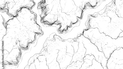 Topographic contour map lines showing elevation changes and river valleys topography