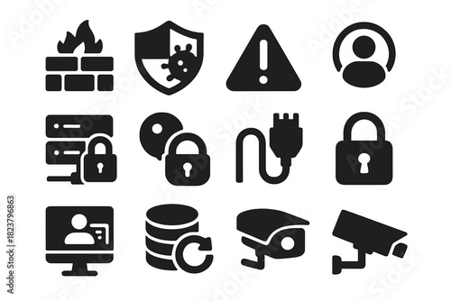 Cybersecurity Tool Icons. Solid style icons of cybersecurity tools: firewall, antivirus shield, alert icon, intrusion detection,