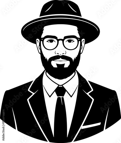 Stylized illustration of a bearded man in a hat and suit