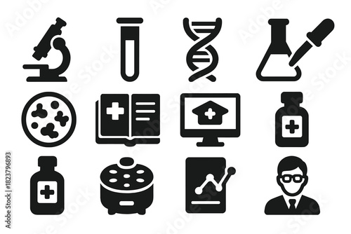 Medical Research Icons. Solid style icons of medical research: microscope, test tube, DNA strand, lab flask, Petri dish, lab
