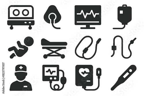 Premature Birth Icons. Solid style icons of premature birth: incubator, oxygen mask, heart monitor, IV drip, tiny baby, NICU bed,