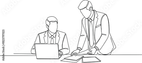 Two businessmen working at office desk continuous line drawing, corporate meeting vector, teamwork sketch