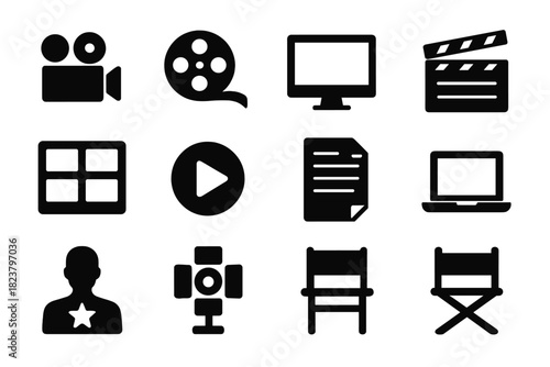 Web Series Icons. Solid style icons of web series: video camera, film reel, monitor, clapperboard, storyboard, play button, script