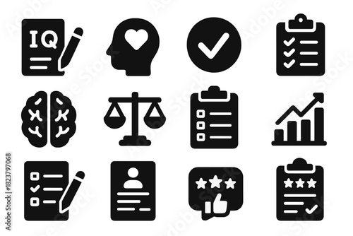 Psychometric Icons Collection. Solid style icons of Psychometrics: intelligence test, personality assessment, validity check,