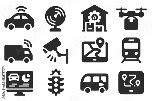 AI Transport Icons. Solid style icons of AI-Driven Transport: autonomous vehicle, air traffic radar, smart warehouse, delivery