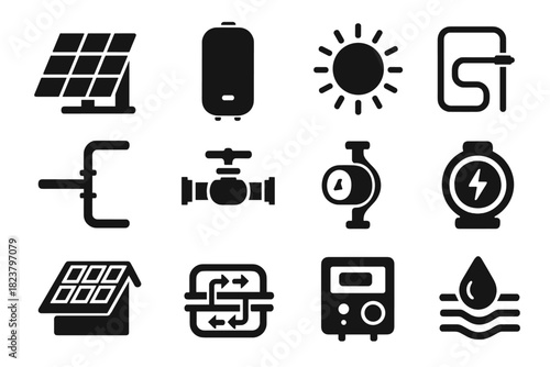 Solar Heating Icons. Solid style icons of solar heating: solar panel, hot water tank, sun icon, piping, valve, pump, thermostat,