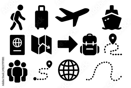 Migration Icons Collection. Solid style icons of migration: walking person, suitcase, airplane, boat, passport, map, directional