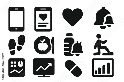 Mobile Health App Icons. Solid style icons of mobile health apps: smartphone, app interface, heart icon, medication reminder,