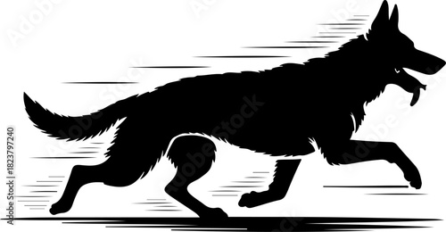 Black silhouette of a german shepherd dog running with speed and motion lines