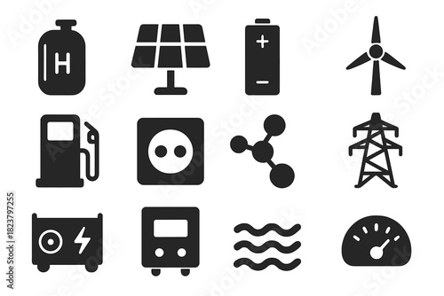 Transportation Energy Icons. Solid style icons of transportation energy sources: hydrogen tank, solar panel, battery cell, wind