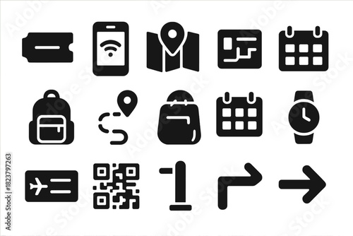 Commuter Tools Icons. Solid style icons of commuter tools: ticket, smartphone app, map, timetable, backpack, route marker,