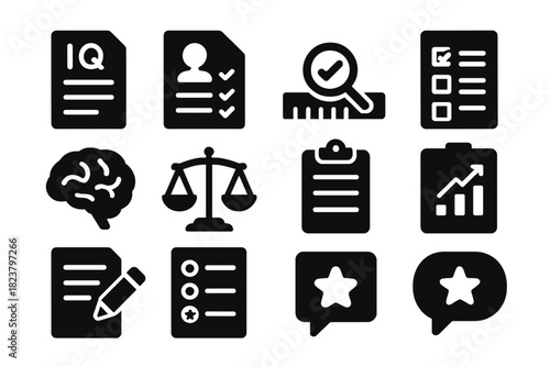 Assessment Tools Icons. Solid style icons of Psychological Assessment Tools: intelligence exam, personality quiz, measurement