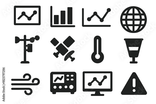 Climate Data Icons. Solid style icons of climate data: temperature chart, bar graph, line graph, globe, weather station, satellite
