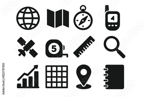 Geographic Tools Icons. Solid style icons of geographic tools: globe, map, compass, GPS device, satellite, measuring tape, ruler,