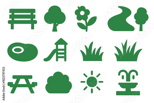 Green Space Icons. Solid style icons of green spaces: park bench, tree, flower, walking path, pond, playground, grass patch,