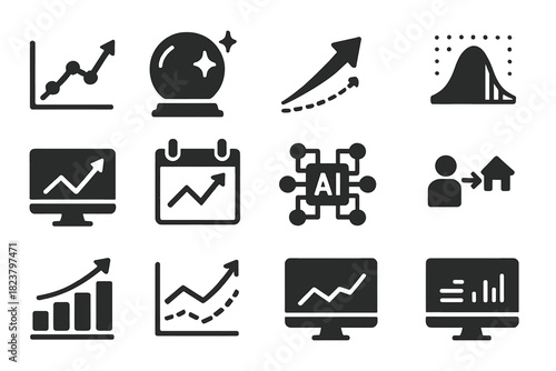 Forecasting Icon Set. Solid style icons of forecasting: trend line, crystal ball, arrow projection, probability chart, computer