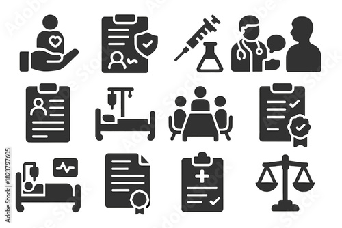 Medical Decision Icons. Solid style icons of Medical Decision-Making: palliative support, consent form, clinical experiment,