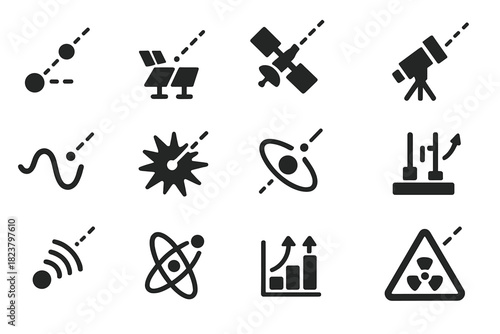Cosmic Rays Icons. Solid style icons of cosmic rays: particle beam, detector array, satellite, telescope, wave symbol, energy