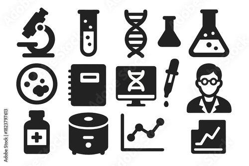Medical Research Icons. Solid style icons of medical research: microscope, test tube, DNA strand, lab flask, Petri dish, lab