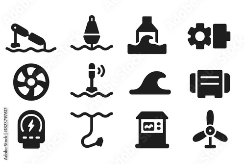 Wave Power Icons. Solid style icons of wave power: wave energy converter, floating buoy, oscillating water column, gearbox,