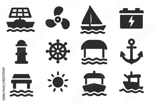 Solar Boat Icons. Solid style icons of solar boats: solar panels, hull, propeller, sail, water waves, battery pack, navigation