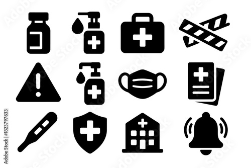 Public Health Icons. Solid style icons of public health tools: vaccine vial, hand sanitizer, first aid kit, quarantine tape,