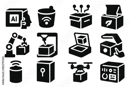Futuristic Packaging Icons. Solid style icons of futuristic packaging: AI labeling system, smart container, sensor array,