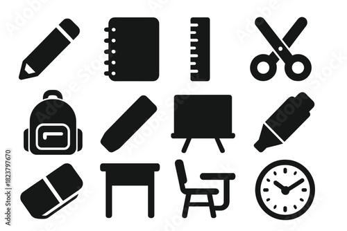Classroom Tools Icons. Solid style icons of classroom tools: pencil, notebook, ruler, scissors, backpack, chalk, whiteboard,