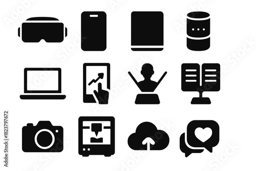 Cultural Tech Icons. Solid style icons of cultural technology: VR headset, smartphone, tablet, AI assistant, laptop, interactive