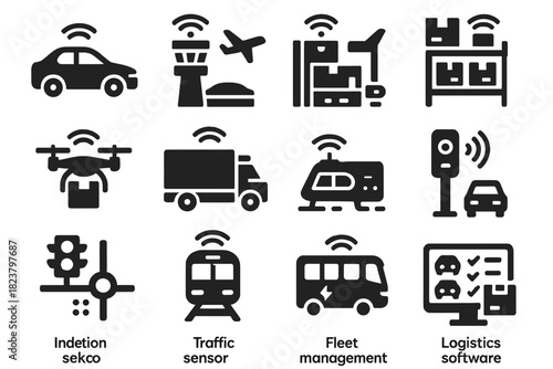 AI Transport Icons. Solid style icons of AI Transport Solutions: self-driving car, ATC system, smart warehouse, delivery drone,