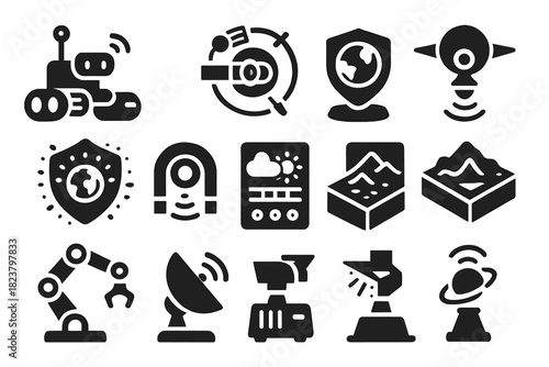Futuristic Planetary Tools. Solid style icons of futuristic planetary science: AI rover, orbital lab, holographic map, sensor