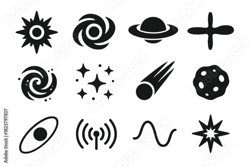 Cosmic Phenomena Icons. Solid style icons of cosmic phenomena: supernova, black hole, pulsar, quasar, galaxy spiral, star cluster,