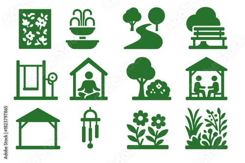 Stress Relief Icons. Solid style icons of stress reduction strategies: green wall, water feature, walking path, shaded bench,