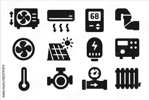 Heating and Cooling Icons. Solid style icons of heating and cooling efficiency: heat pump, air conditioner, thermostat, fan, solar