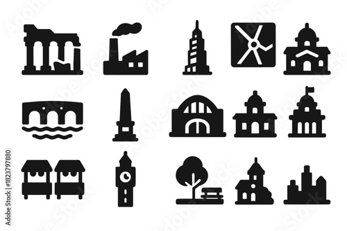 Urban Archaeology Icons. Solid style icons of Urban Archaeology: ancient ruins, factory chimney, modern tower, street map,