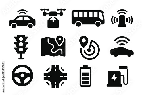 Autonomous Transport Icons. Solid style icons of autonomous transport: self-driving car, drone delivery, electric bus, sensor