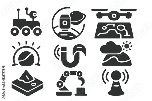 Futuristic Planetary Tools. Solid style icons of futuristic planetary science: AI rover, orbital lab, holographic map, sensor