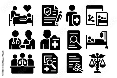 Healthcare Ethics Icons. Solid style icons of Healthcare Ethics: palliative care, consent form, clinical trial, doctor
