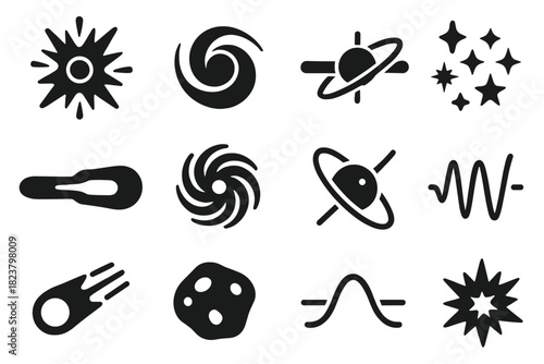 Cosmic Phenomena Icons. Solid style icons of cosmic phenomena: supernova, black hole, pulsar, quasar, galaxy spiral, star cluster,