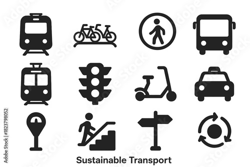 Sustainable Transport Icons. Solid style icons of Sustainable Transport: metro train, bike rack, pedestrian zone, bus, tram,
