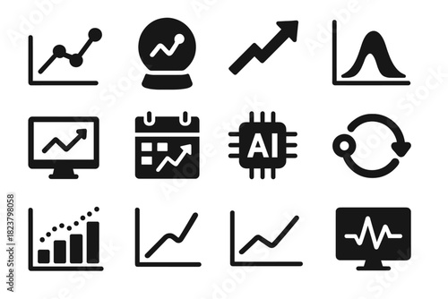Forecasting Icon Set. Solid style icons of forecasting: trend line, crystal ball, arrow projection, probability chart, computer