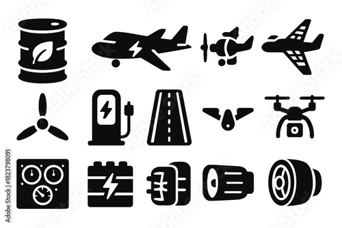 Future Aviation Icons. Solid style icons of Future Aviation Technology: biofuel barrel, electric plane, hybrid propulsion, solar