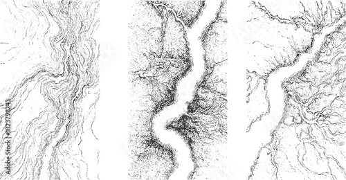 Three abstract black and white line drawings of river systems and terrain contours vector