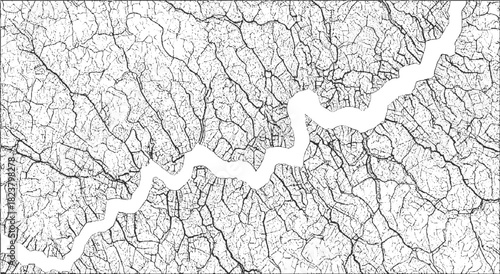 Black and white abstract network of fine lines and organic shapes with a central white winding path background