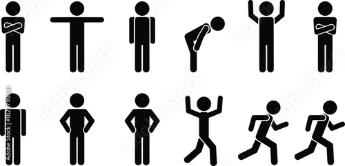 Stick figure silhouette collection showing various body poses including standing, running, bending, jumping and gestures, simple human icon illustration set