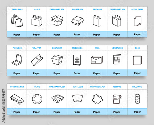 Ready icon sheet for separating paper waste. Vector elements are made with high contrast, well suited to different scales and on different media. Ready for use in your design. EPS10.