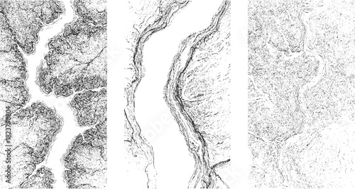 Black and white abstract topographic map texture with contour lines and speckles background