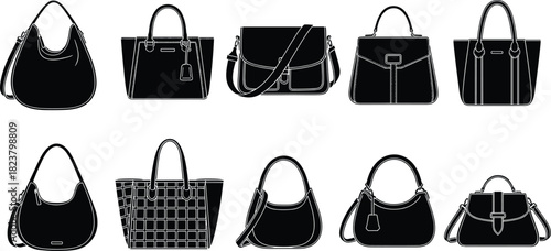 Elegant black and white silhouette collection of various women’s handbags and purses, fashion accessory set for boutique, style, retail and design projects