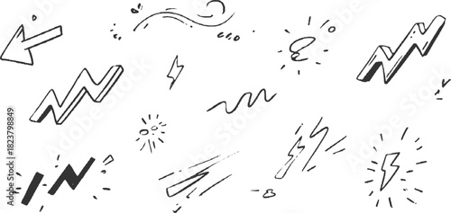 Hand drawn black lightning bolt symbols and arrow on white background thunder energy